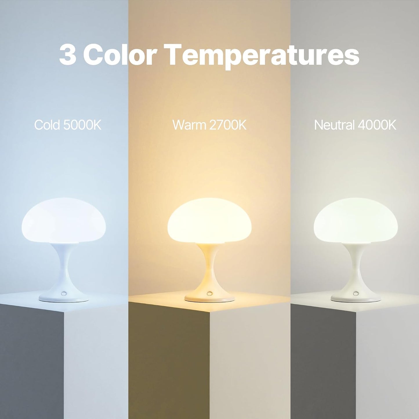Mushroom Lamp, 5W LED Cordless Rechargeable Table Lamp with Glass Shade, Small Retro Dimmable Touch Light with 3 Color