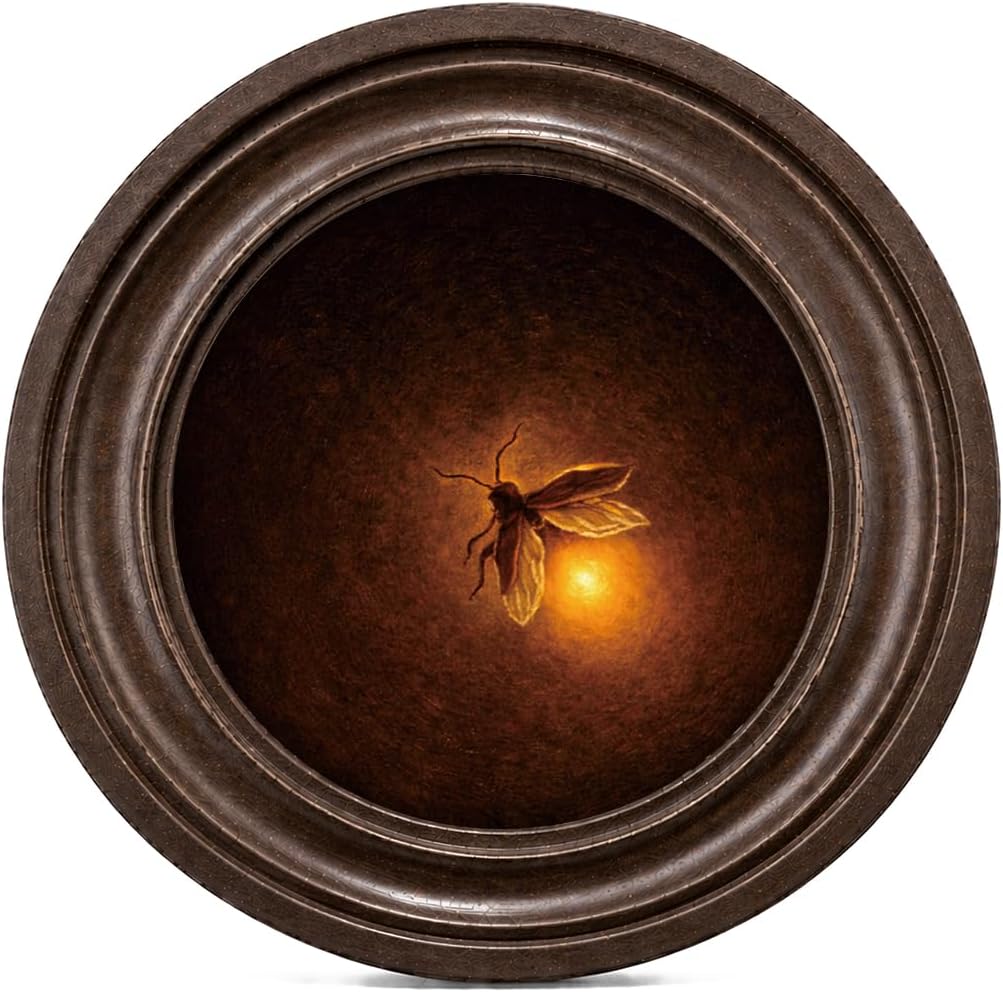 MOCHPEN Glowing firefly Round Wall Art Decor, Dark Academia Hanging Painting Artwork, Antique style Insect Decoration for Nursery Library Bedroom Living Room Reading Nook Gallery, 5.7x5.7 Inch
