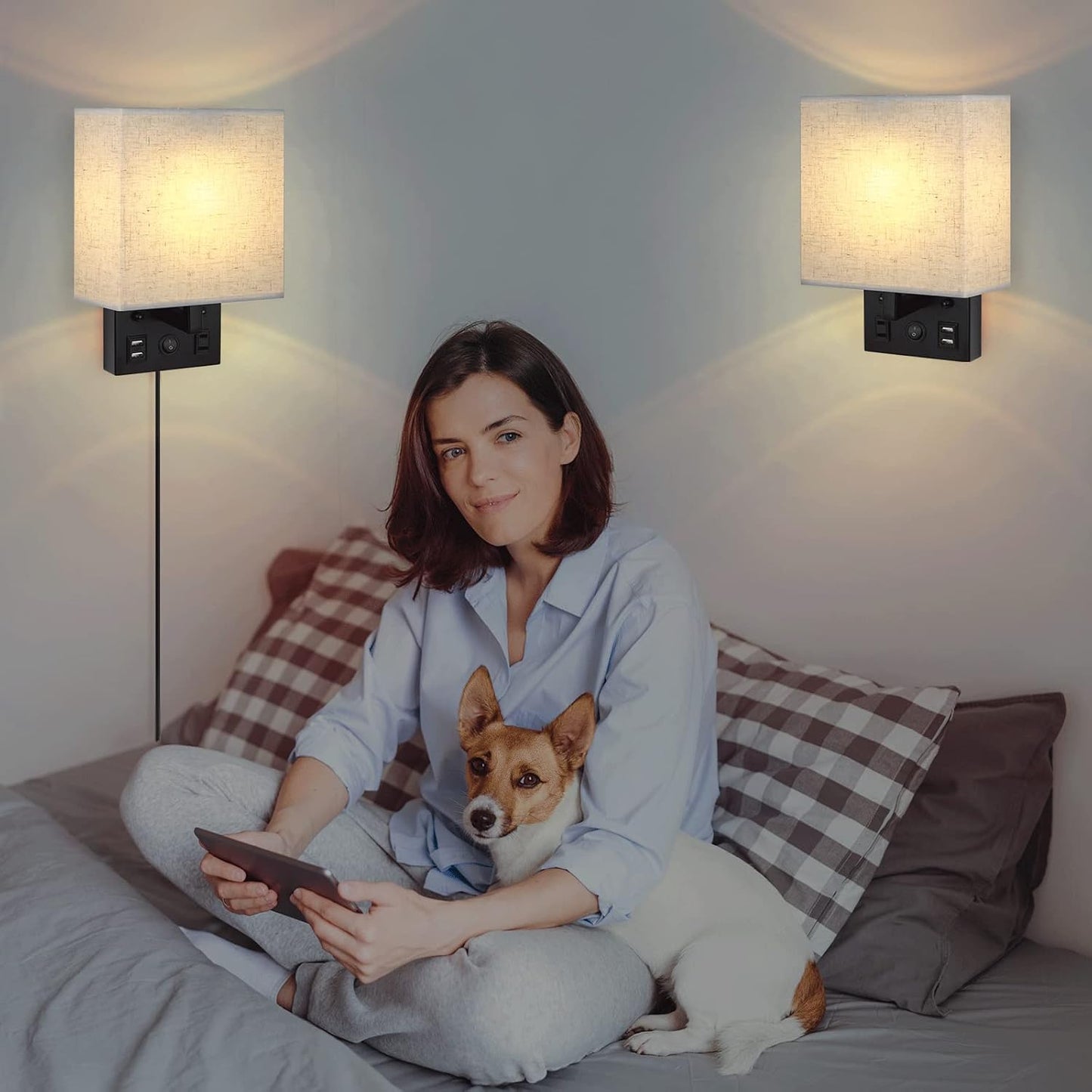 CADUKE Bedside Wall Lamp Set of 2, Plug in Wall Sconce with USB Charging Port and AC Outlet, Modern Black Brushed