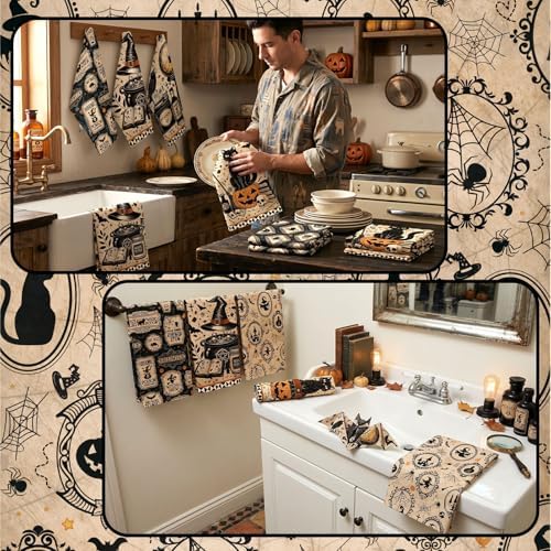 Ganeen 6 Pcs Halloween Kitchen Towels Set, Black Cat Pumpkin Dish Towels