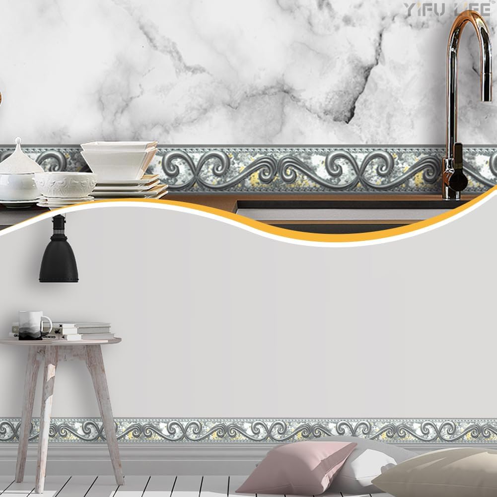 Abstract Curve Grey Removable Self Adhesive Wall Border Decorative Molding Tiles / 2 x 393.7 / Gray