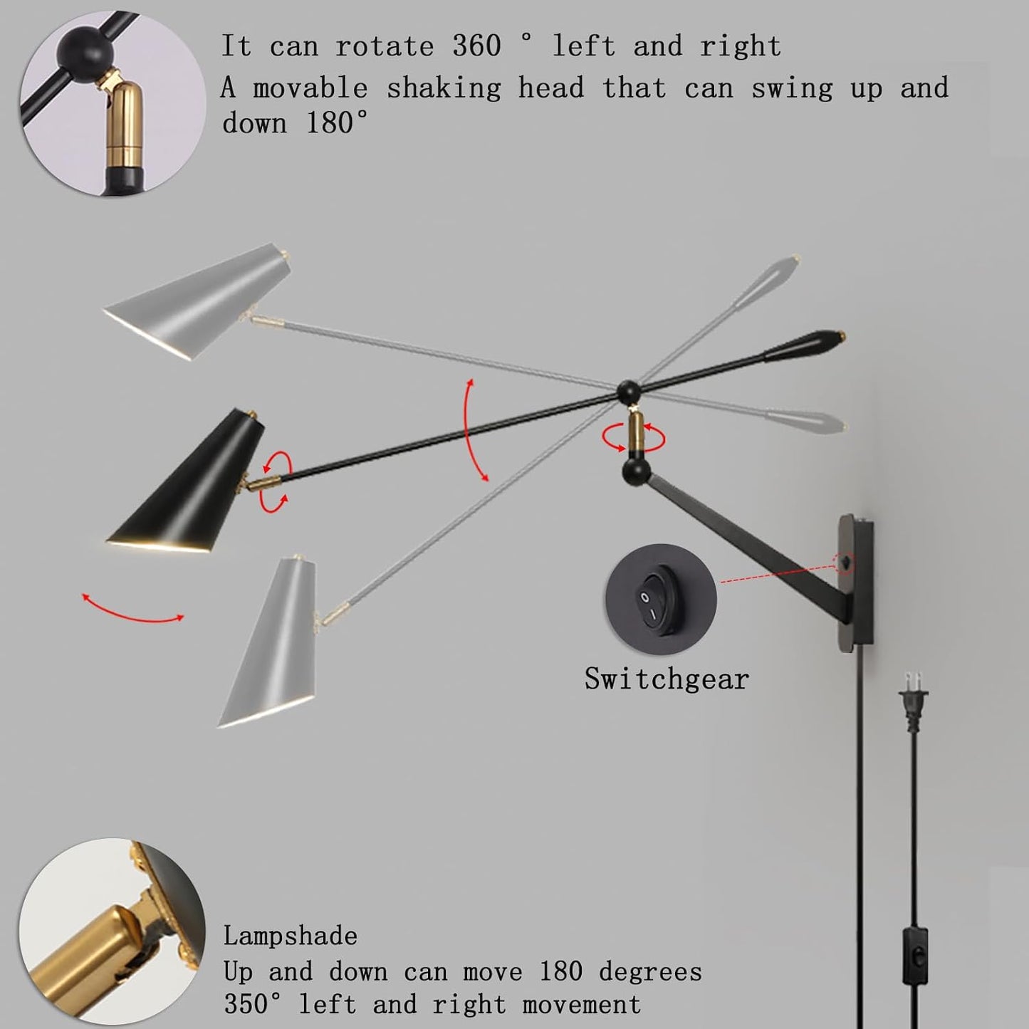 Adjustable Directional Plug in wall Light Swing arm, Unique Long Pole wall Lamps for Living Room Sofa Background Wall