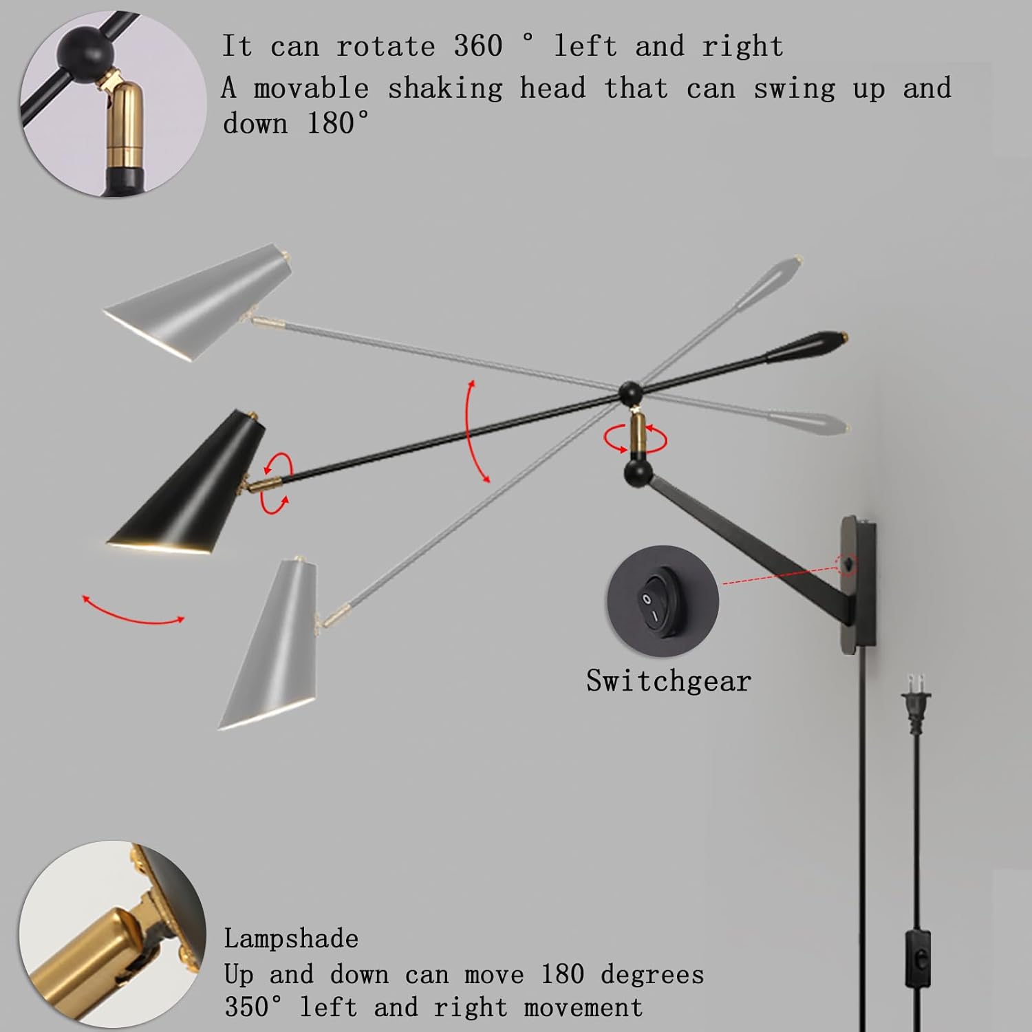 Adjustable Directional Plug in wall Light Swing arm, Unique Long Pole wall Lamps for Living Room Sofa Background Wall