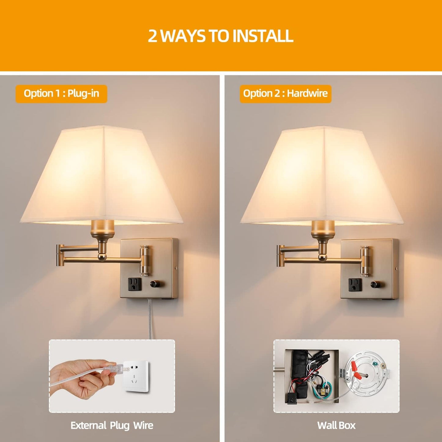 Plug in Wall Light,Swing Arm Wall Sconces with USB Port and Outlet,Wall Lamp with White Fabric Shade Dimmable Switch