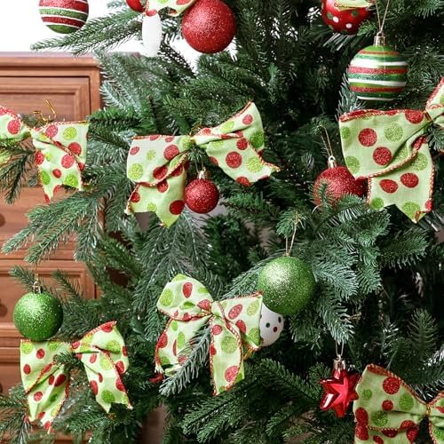 Bunny Chorus Christmas Decorations Indoor: 65pcs Christmas Tree Ornaments Set, Large Red Green White Tree Topper, Cute Hanging Green Bow Ribbons Xmas Ball, Home School Office Wedding Party Décor