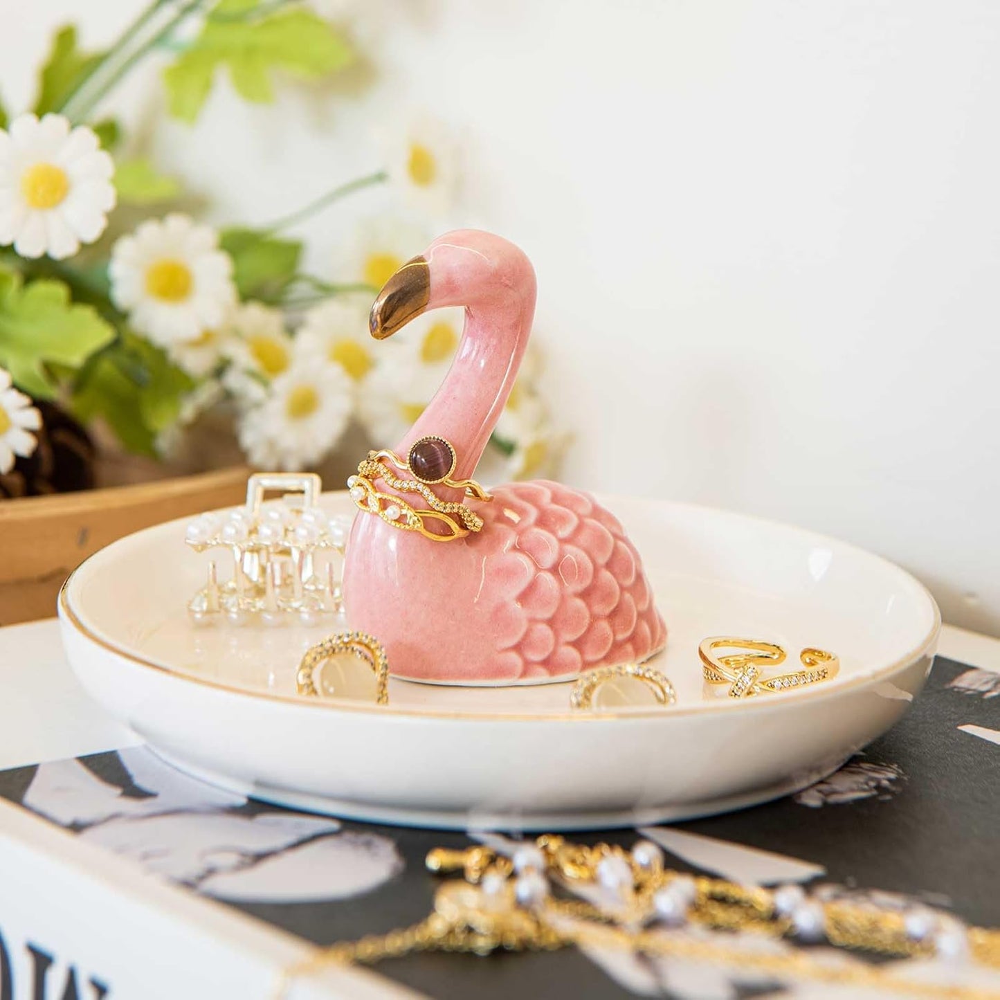Ceramic Jewelry Tray Trinket Dish for Necklace Keychain Organizer / Flamingo