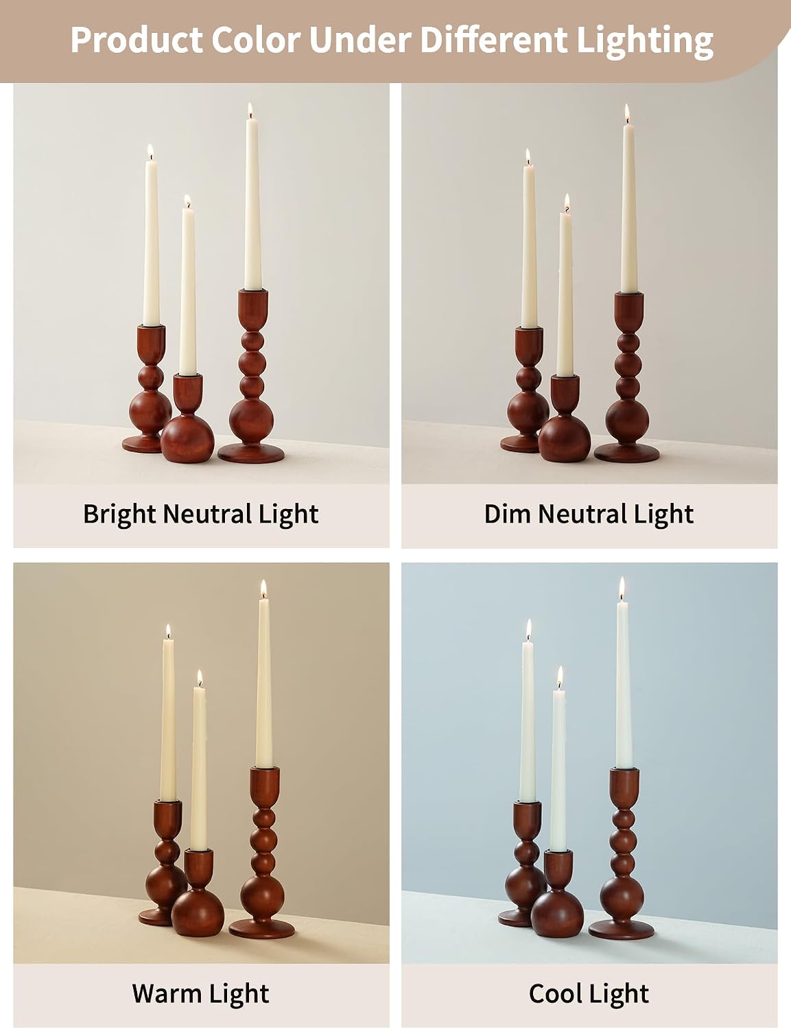 NUPTIO Wooden Taper Candle Holders, Set of 3 Brown Candlesticks | Natural Wood, MCM Design, Dining Table Centerpiece