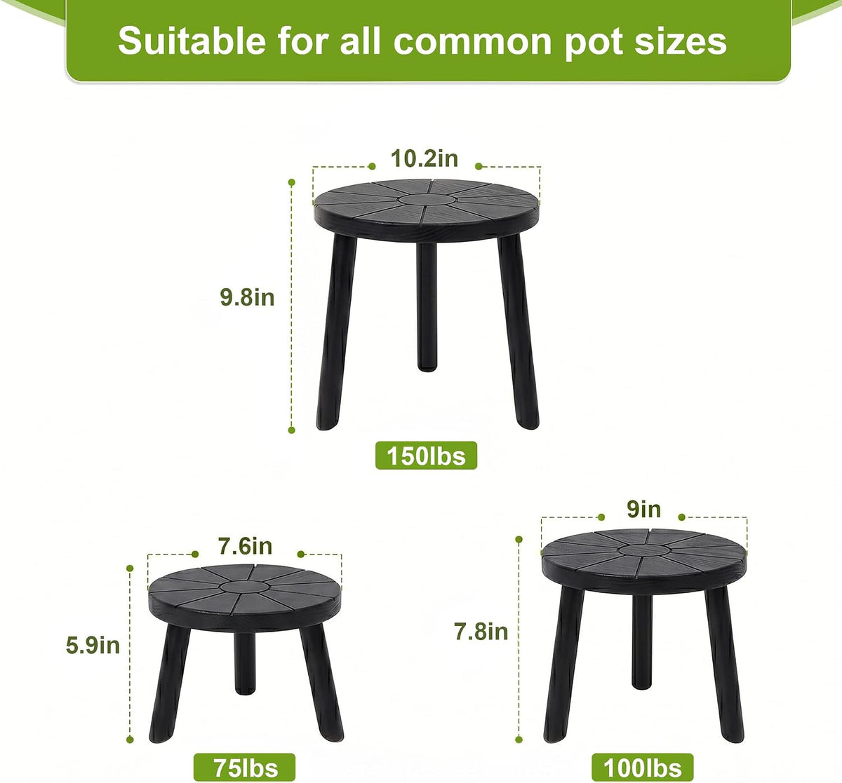 Wood Plant Stands 3-Pack Indoor, Plant Stool, Black | Premium carbonized pine with moisture-resistant, burr-free