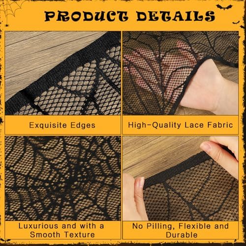 2 Pcs Halloween Mantle Scarf, Black Lace Spiderweb Fireplace Mantel Scarf, Halloween Fireplace Decor Cover Garland for Door Window Indoor Curtain Festive Party Supplies, 18 x 83 Inch