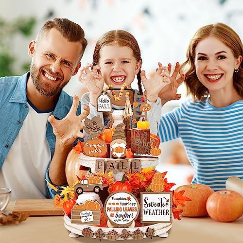 Maitys 21 Pcs Fall Tiered Tray Decor Set Hello Fall Pumpkin Gnome Truck Wood Sign Rustic Farmhouse Thanksgiving Wood Bead Decorative Tabletop Sign for Home Autumn Thanksgiving Harvest Table Shelf