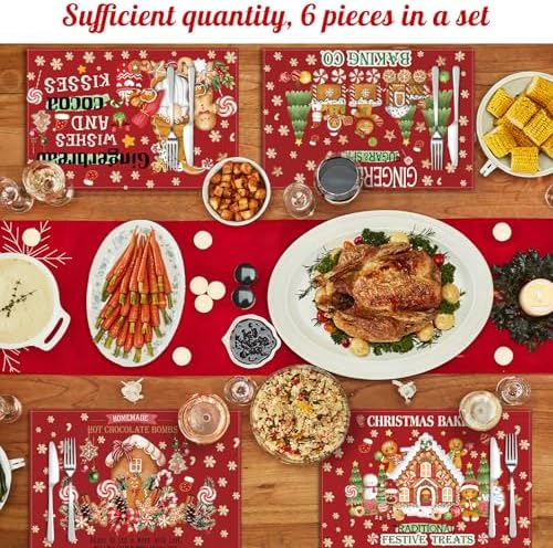 Hushee 6 Pack Christmas Gingerbread Man Placemats 12x18 Inch Washable