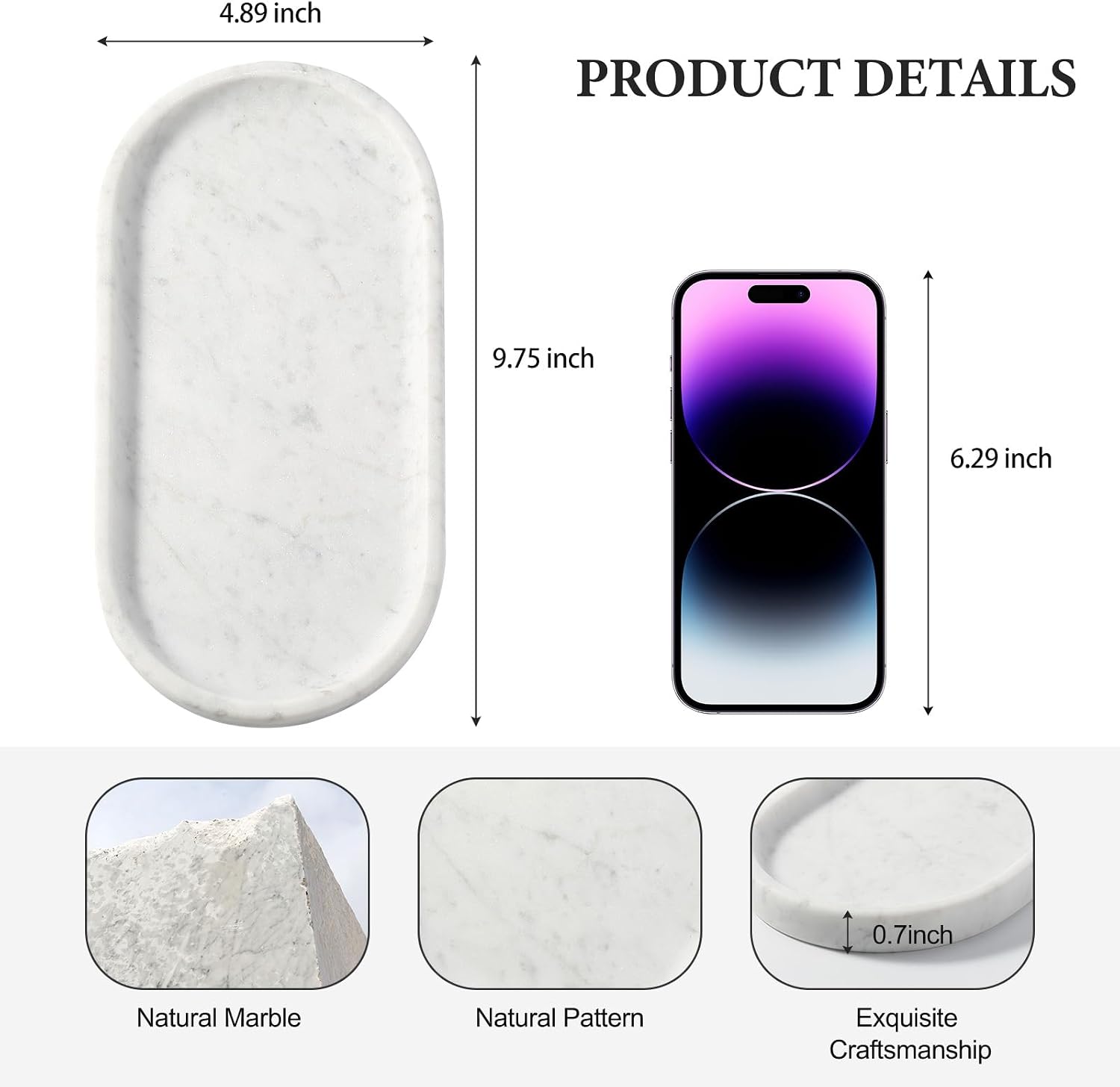 Marble Vanity Tray / Bianco Carrara White / 10 x 5 x 0.7