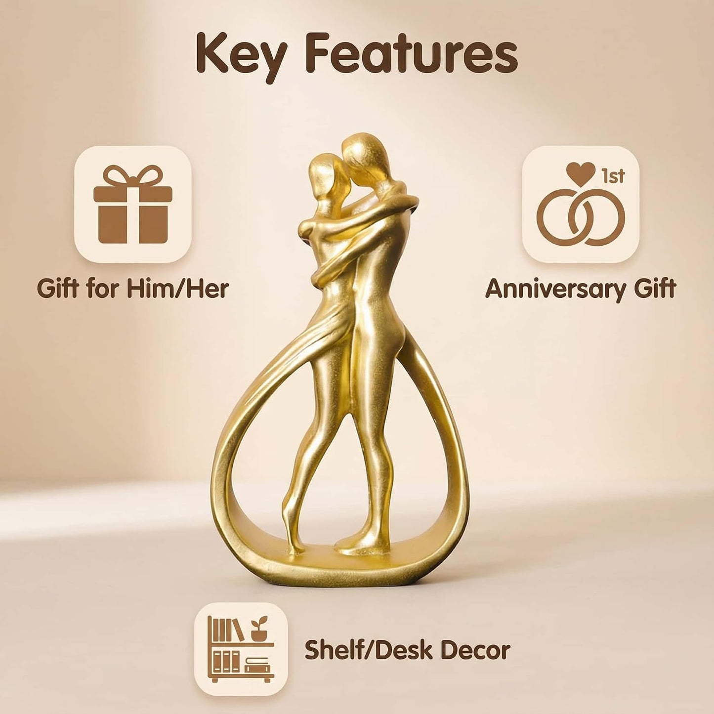 Nordic Love Couple Statue Valentine's Day Resin Golden Love / Golden Lovers Embrace / 5.2 Inch