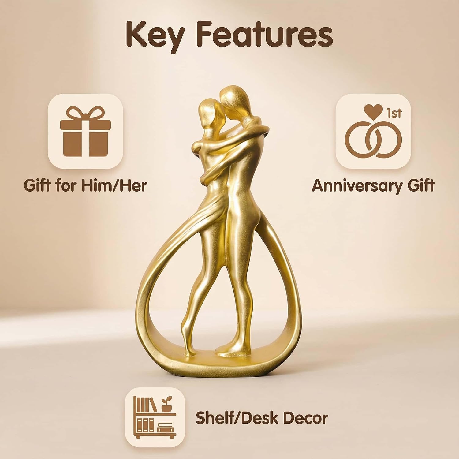 Nordic Love Couple Statue Valentine's Day Resin Golden Love / Golden Lovers Embrace / 5.2 Inch