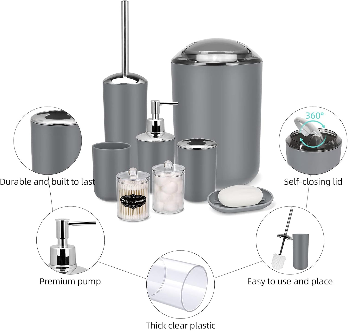 IMAVO Bathroom Accessories Set,Grey Bathroom Set,9 Pieces Bathroom Accessory Set,Tray,Qtip Holders,Toilet Brush,Trash