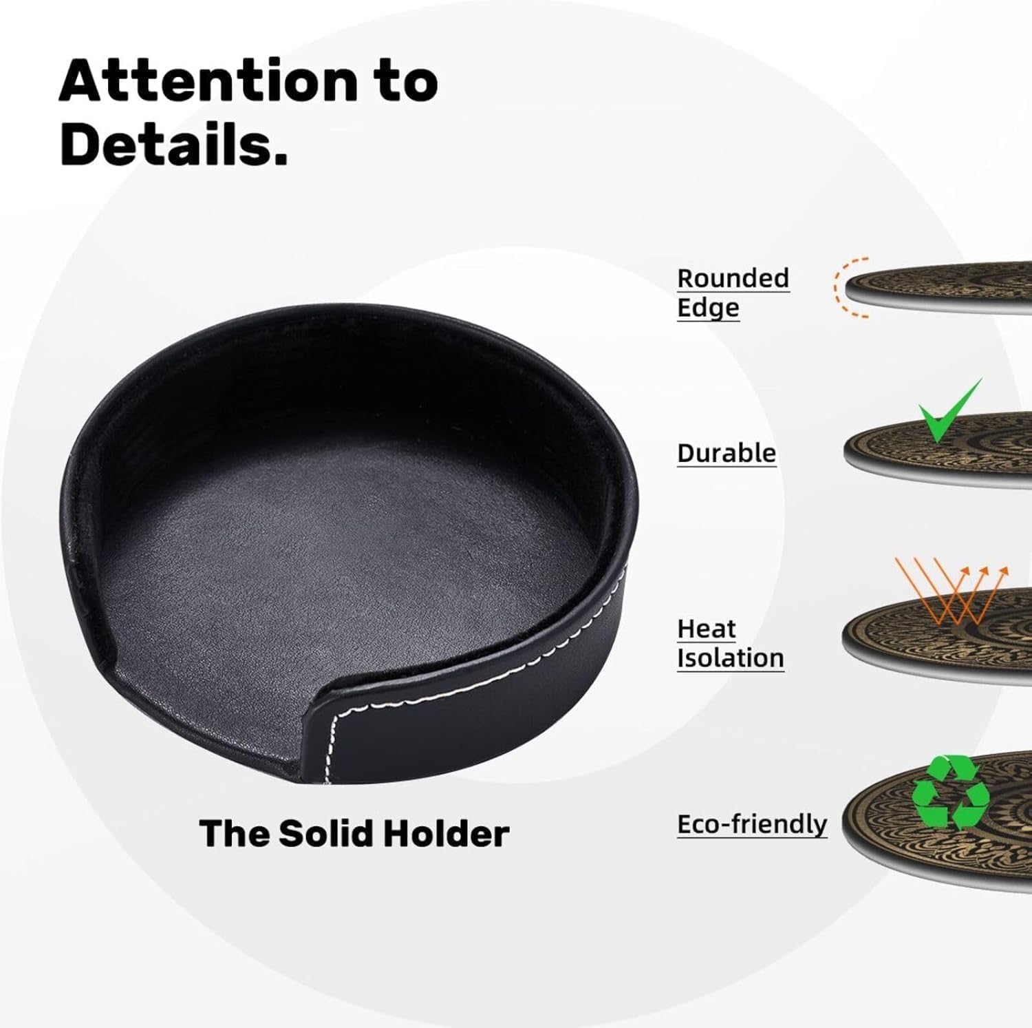 Holder Stand / Pu Leather Absorbent Coasters / Gold Black Mandala Rosette / Set of 6