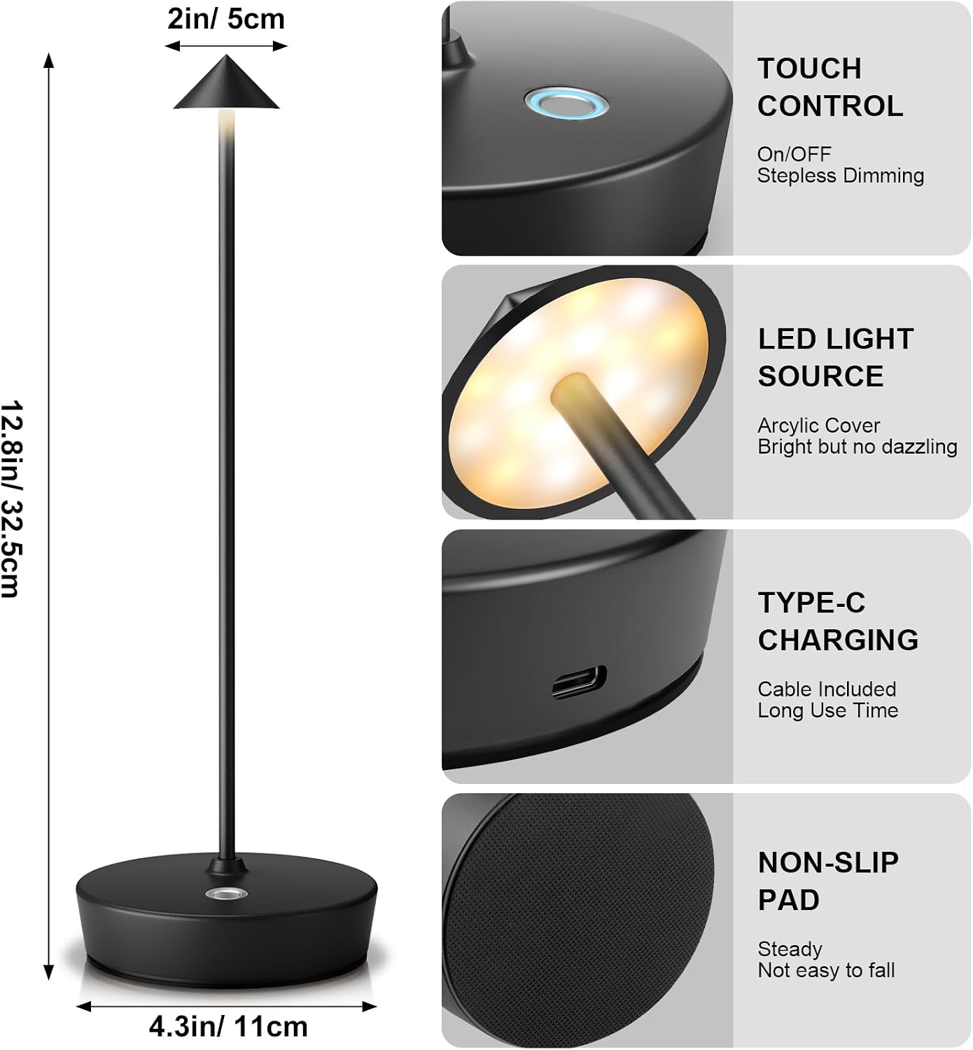 2Pack Rechargeable Cordless Table Lamp, Portable Powered LED Battery 6000mAh Metal USB Desk Lamp, 3 Levels Brightness