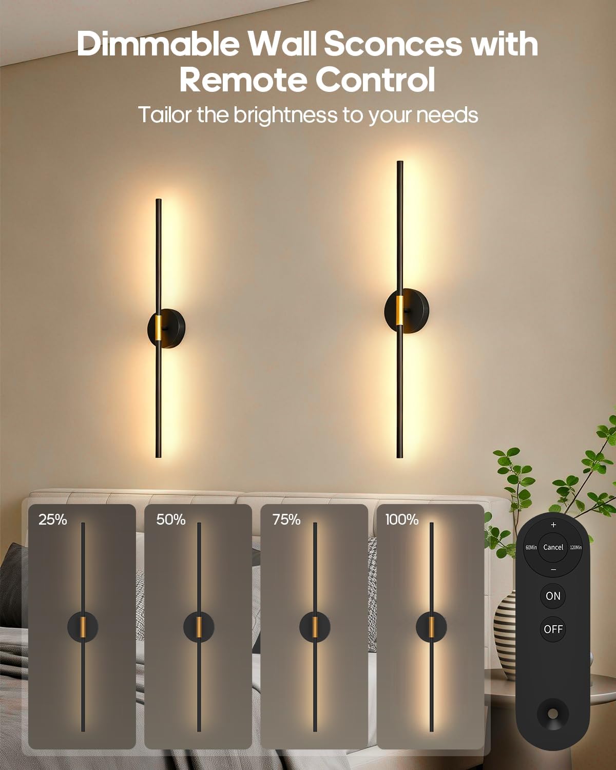 GOODEA Peel and Stick Wall Sconces, Battery Operated Wall Sconces Set of 2 | 28.3 inch LED 3000K Rechargeable &