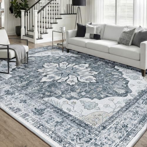 RELEANY Washable Area Rug, 5'x7', Grey/White/Beige