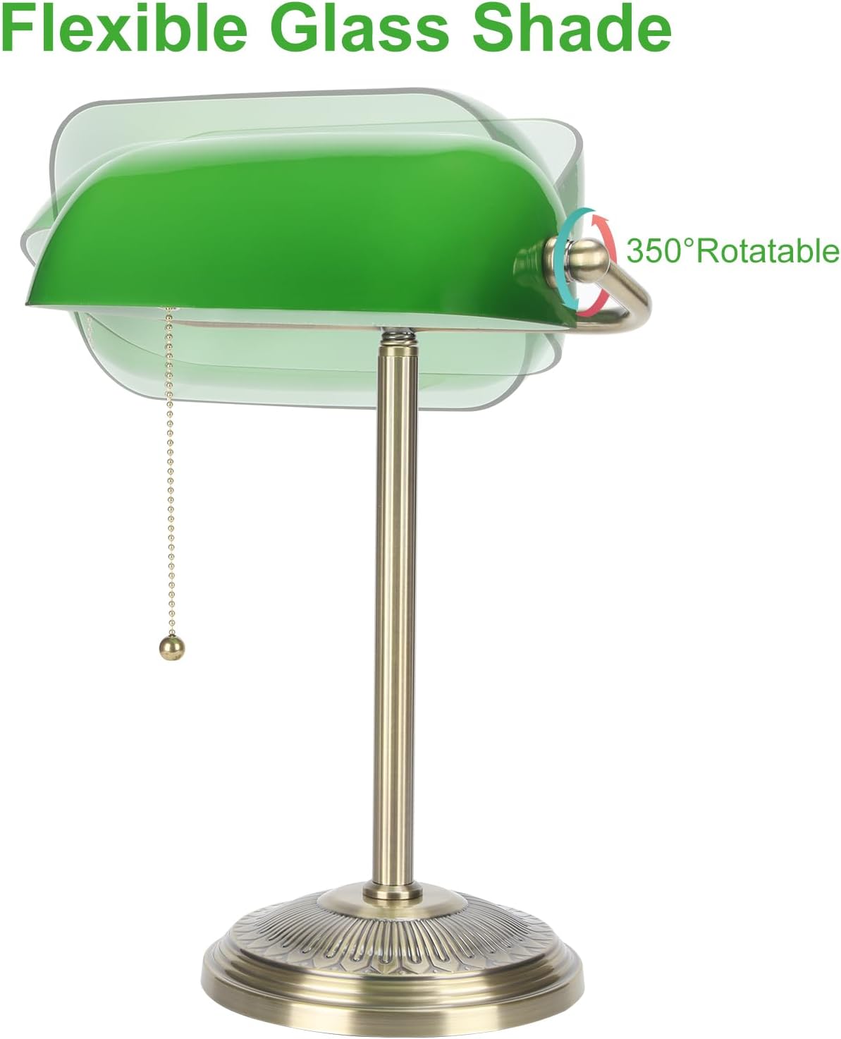 Bankers Lamp, Brass Finish with Pull Switch, Green Glass Shade | Classic Desk Lamp for Home, Office, Study, Piano