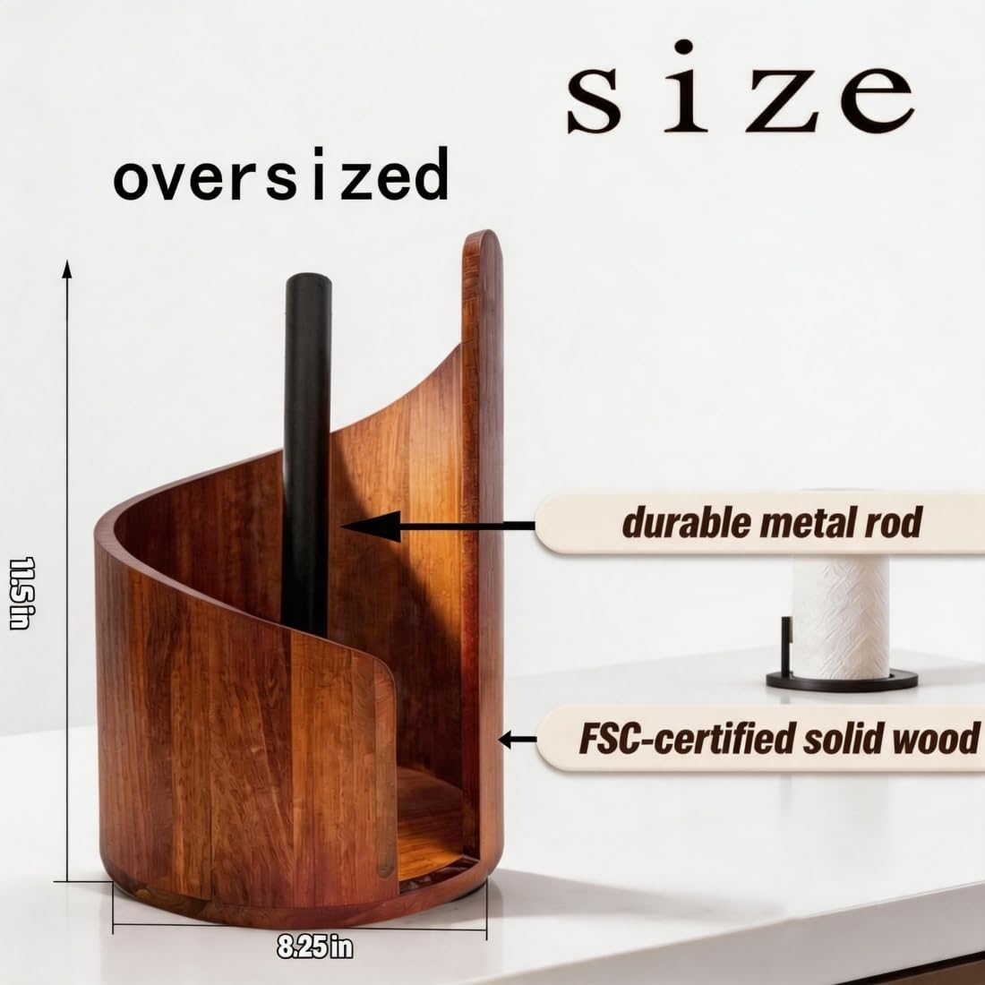 Large Size Countertop Paper Towel Holder with Mango Wood Round Base and Iron Stand, Kitchen Roll Organizer for Kitchen