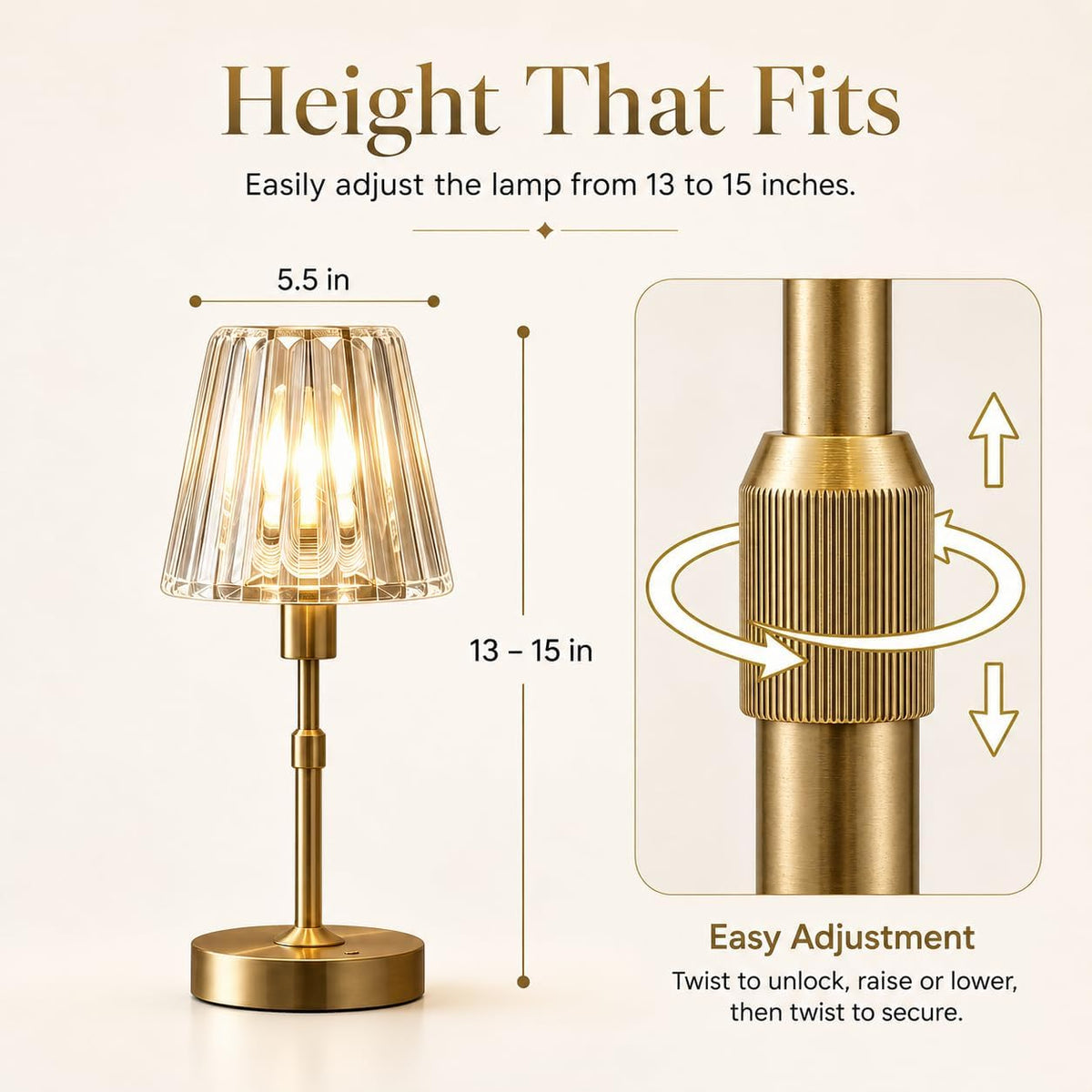 Small Cordless Rechargeable Touch Table Lamp, Gold | 5200mAh USB-C, Dimmable Warm Crystal Light, Portable Decor for