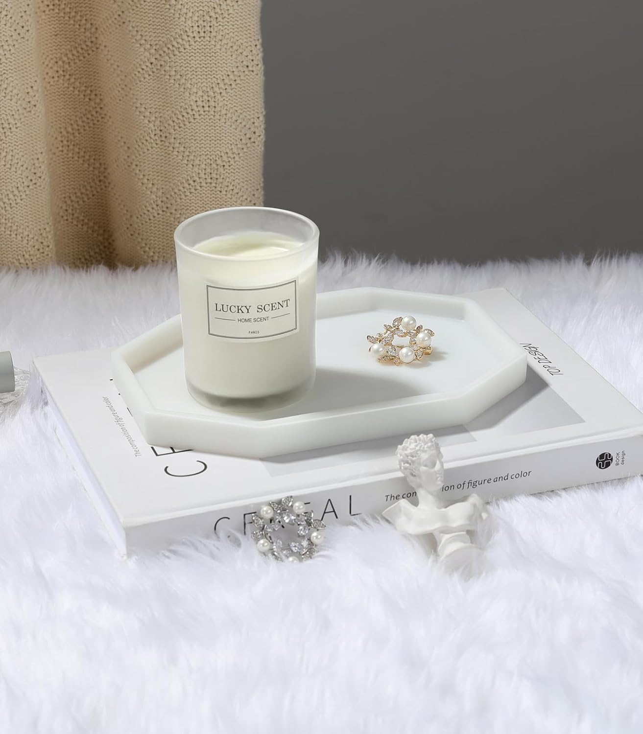 Vanity Tray / 8" Small Octagon Bathroom Vanity Tray / 7.9 x 5.6 x 0.7 / Milky White