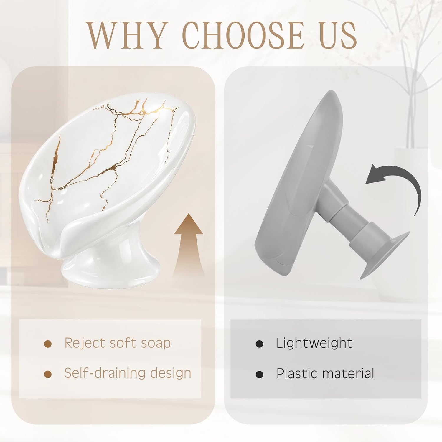 Soap Dishes for Bar Soap Holder Ceramic Decorative Self Draining Leaf Shape / White Gold / Set of 2