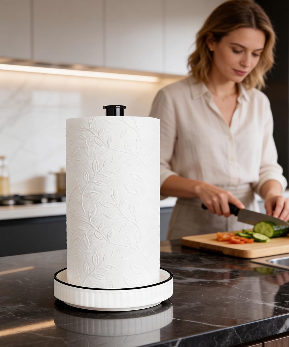 Paper Towel Holder, Ceramic Heavy Plate Base Wobble-Free, Roll Stand-Wh-bk | Effortless Cleaning and Easy to Assemble