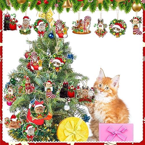 Qunclay 36 Pcs Cat Christmas Tree Ornaments Wooden Cat Christmas Tree Decorations Rustic Xmas Kitty Hanging Ornament Decorative Kitty Wood Pendants for Home Fireplace Holiday Xmas Party Decor
