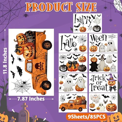 9 Sheets Halloween Decorations Window Clings, Scary Pumpkin Ghost Bats Spiders Stickers Decals, Double Sided Printed Halloween Decals Decor for Home Office Door Glasses Party Favors Supplies