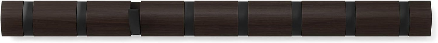 Umbra Flip Coat Rack, Wall Mount 8-Hook, Space Saving, Walnut/Black | Real wood and steel build, retractable hooks fold