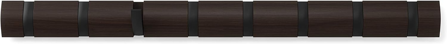 Umbra Flip Coat Rack, Wall Mount 8-Hook, Space Saving, Walnut/Black | Real wood and steel build, retractable hooks fold
