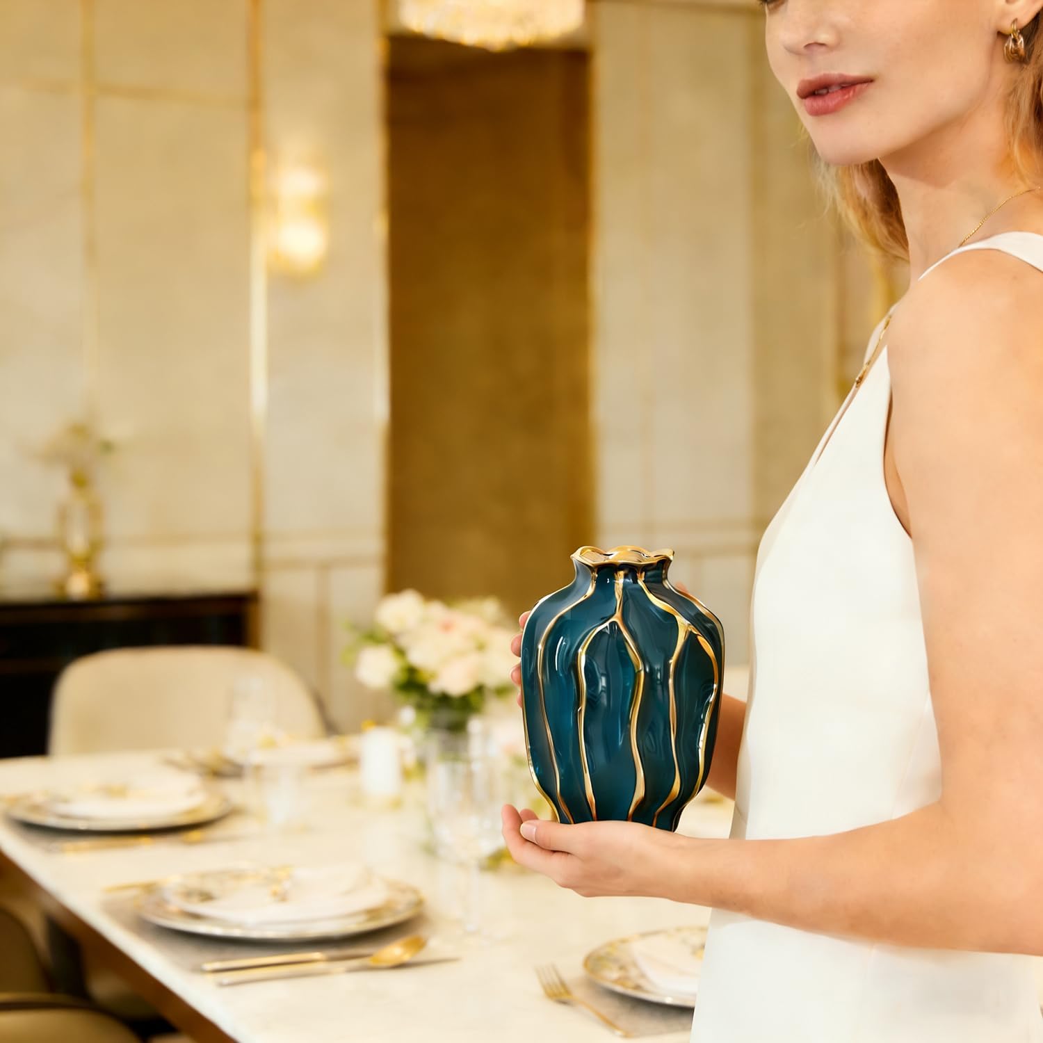 Decorative Ceramic Flower Vase / Peacock Blue-pomegranate-shaped