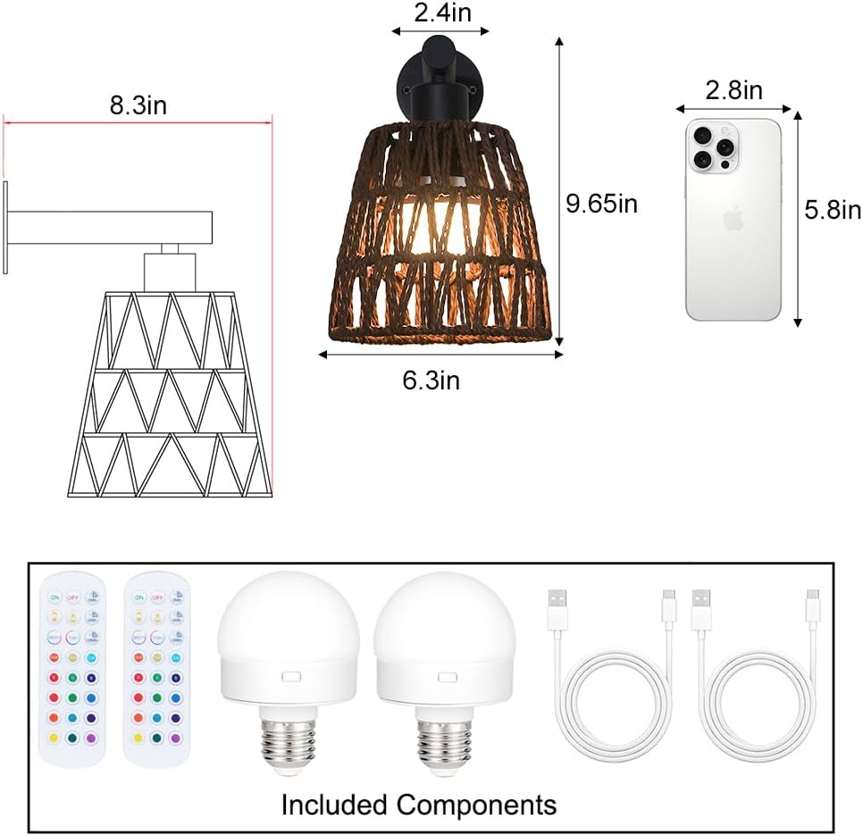 Boho Battery Operated Wall Sconce Set of 2, Brown Rattan Rechargeable Wall Lights with Dimmable Bulbs and Remote,15