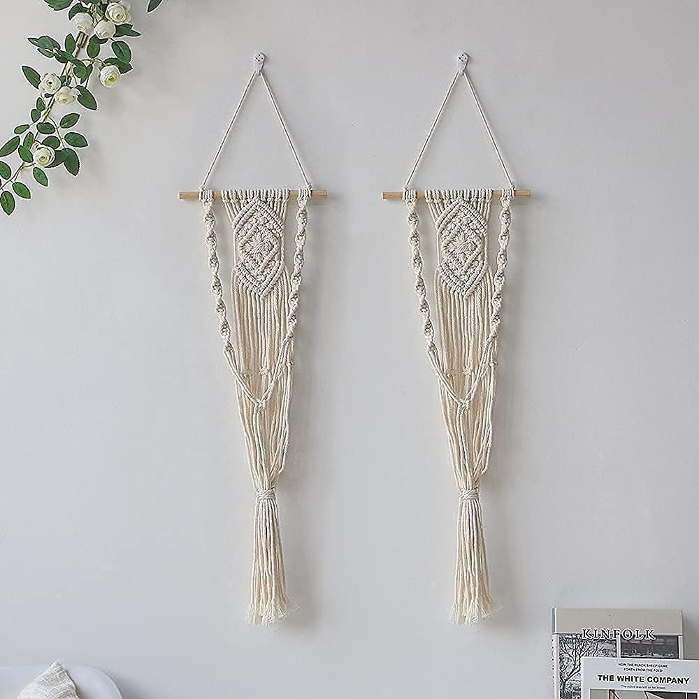 Boho Macrame Plant Hangers / White Wood Hanger / Set of 2
