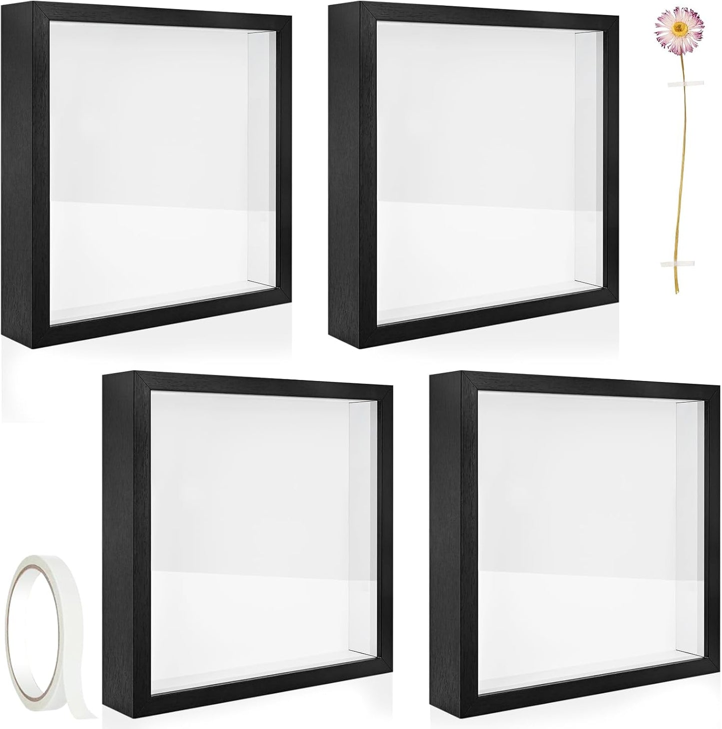 4 Pack 12x12 Shadow Box Frame, Wood Deep Large Shadow Box Display Case with Plexiglass Window, 3D Picture Frame for