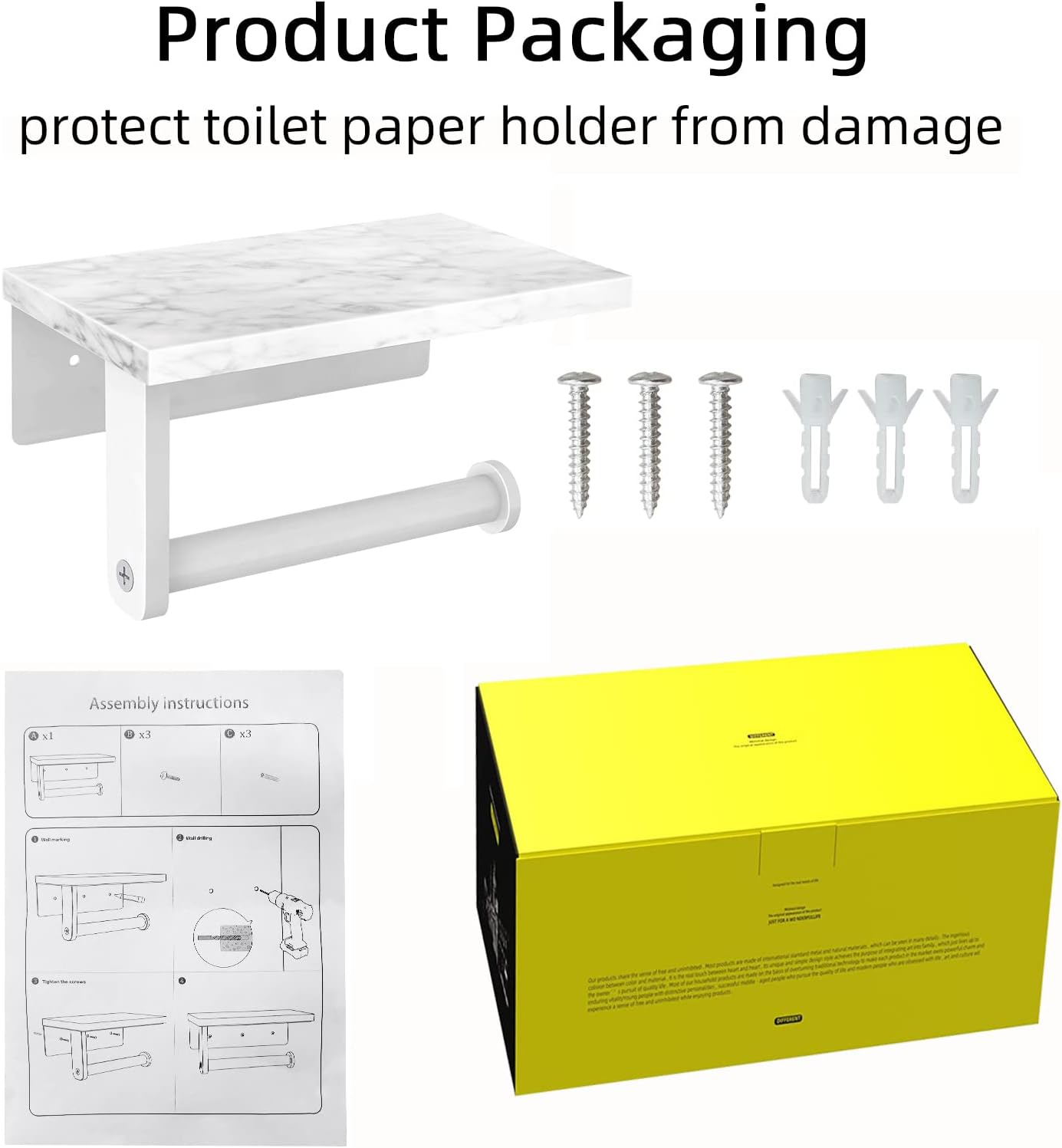 Gypie Toilet Paper Holder with Marble Shelf, Wall Mounted White | Stainless Steel, Tissue Roll Paper Holder Dispenser
