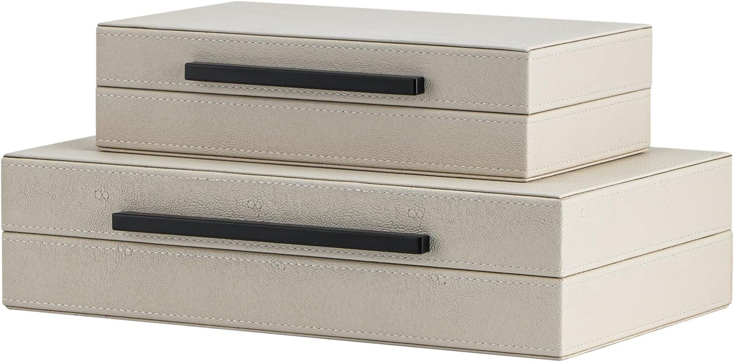 Faux Leather Jewelry & Memory Boxes / Beige+black Handles / 14.2 In / Set of 2
