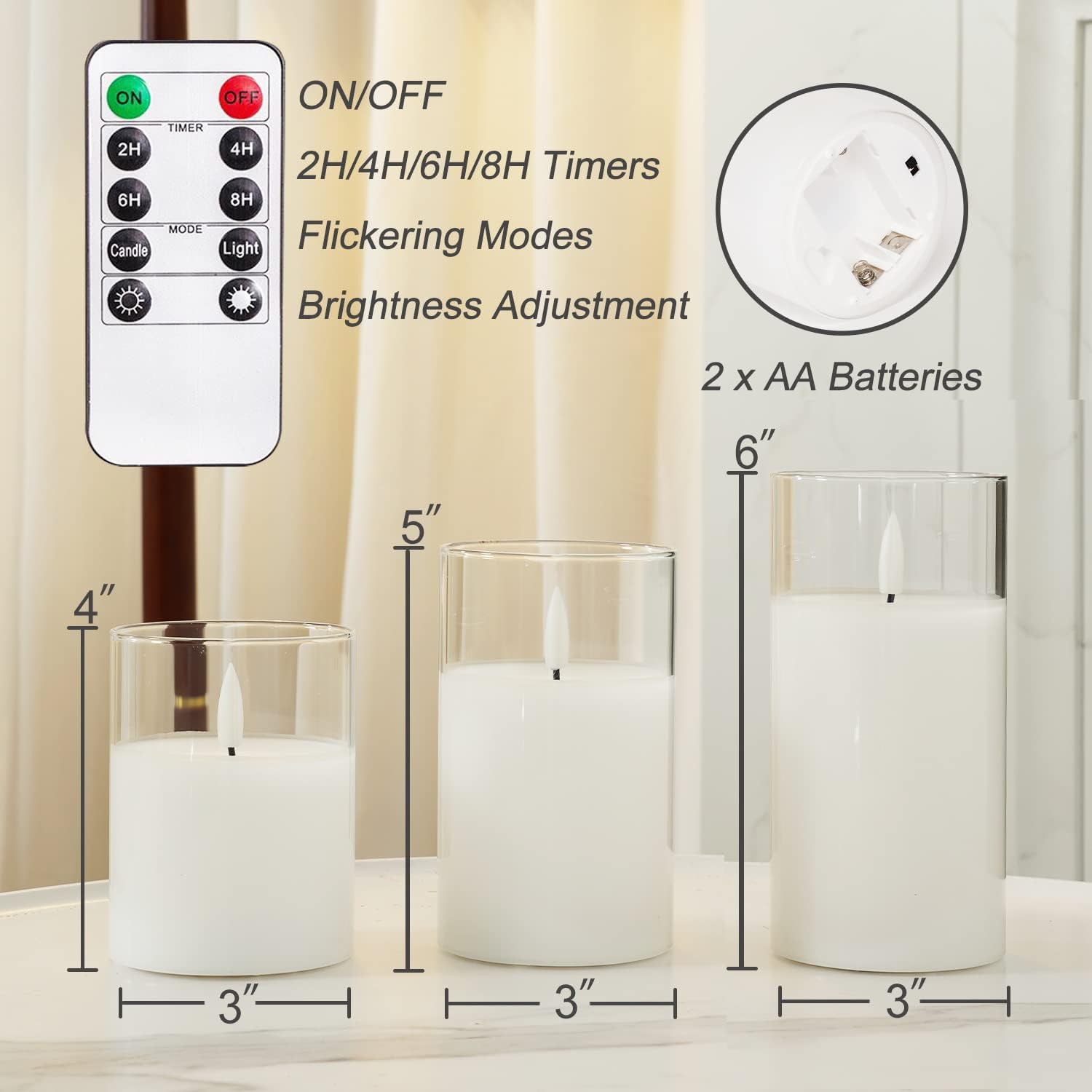 Homemory Pure White Glass Flameless Candles, Real Wax, Remote Timer, 3 Pack | D3"xH4"5"6", battery operated flickering