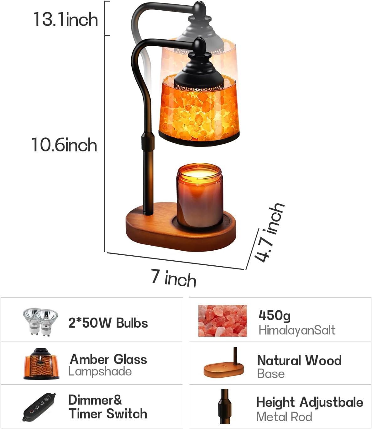 3-in-1 Candle Warmer Lamp with Himalayan Salt & Diffuser | Dimmable Top Down Wax Melt Warmer with Timer, Amber Glass