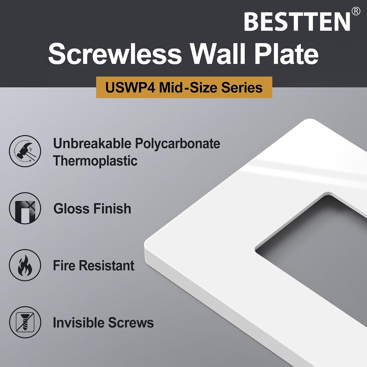 BESTTEN [10 Pack] Midsize Screwless Wall Plate, USWP4 Glossy Off White, Midway Decor Outlet Cover, Midsized Switch