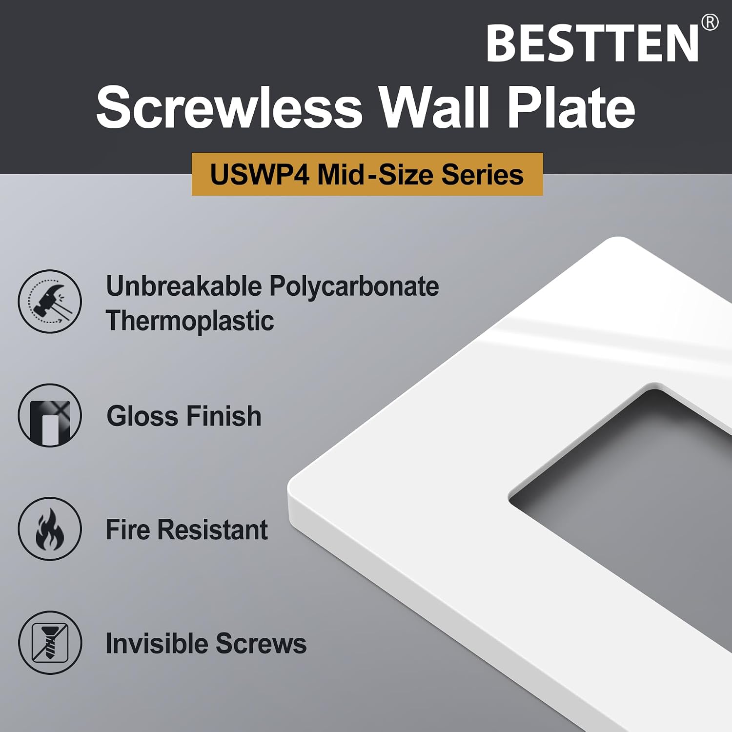 BESTTEN [40 Pack] Mid-Size Screwless Decorator Wall Plate, Midway Receptacle Outlet Cover, Midsized 1 Gang Switch