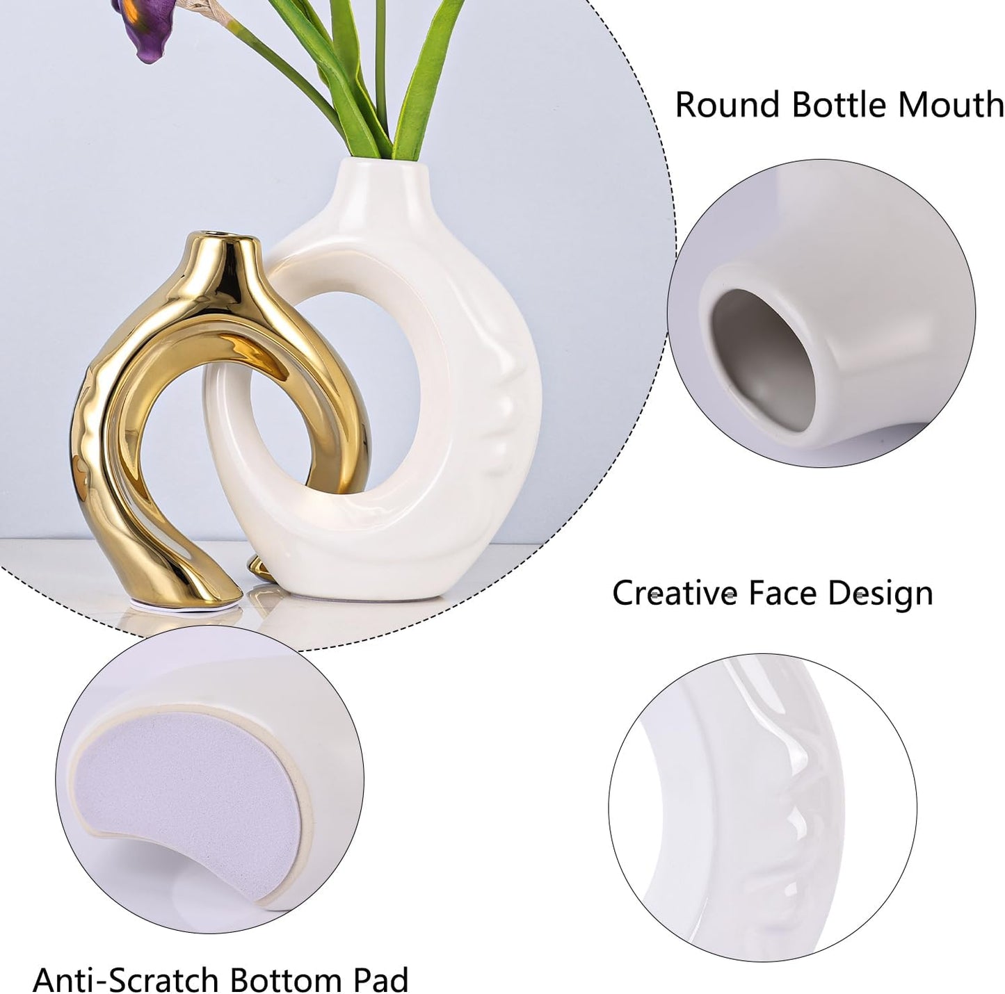 Ceramic Vases / Boho Vase for Flowers Pampas Grass Decorative / White and Gold