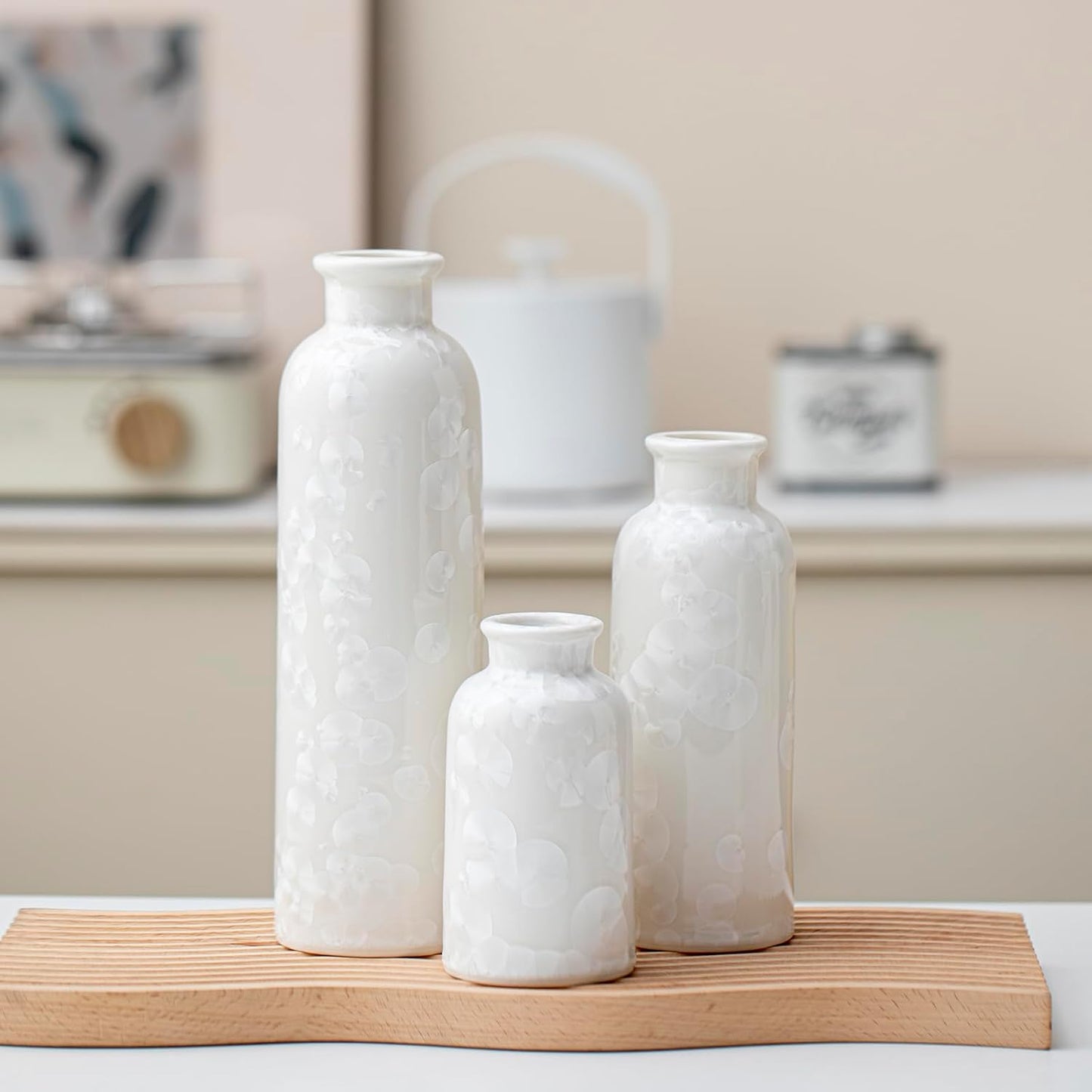 Modern Ceramic Vase / Crystalline Glaze White / Set of 3
