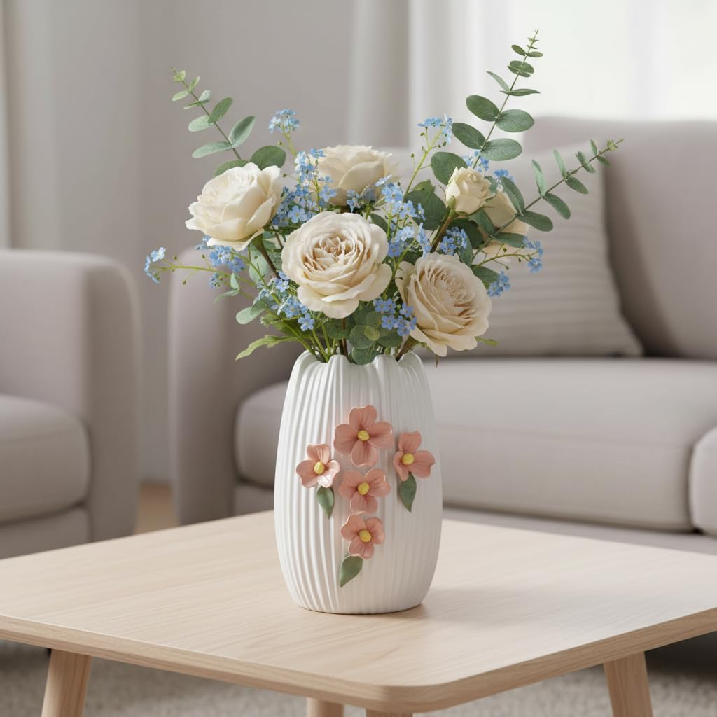 Ceramic Modern Vase for Pampas Grass / White and Orange / 7 Inch