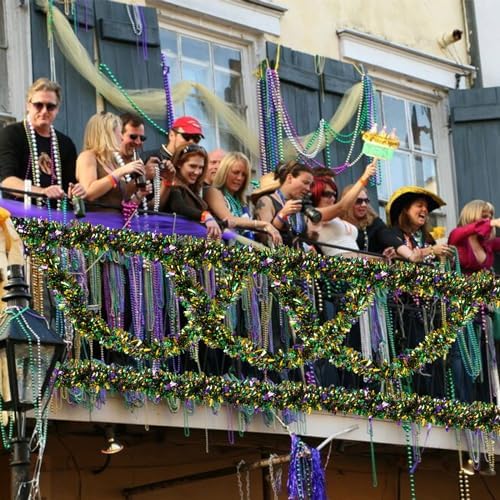 FOIMAS 33FT Mardi Gras Tinsel Garland,Green Purple Green Twisted Metallic Hanging Garland for Mardi Gras Parade Tree Fireplace Home Decoration