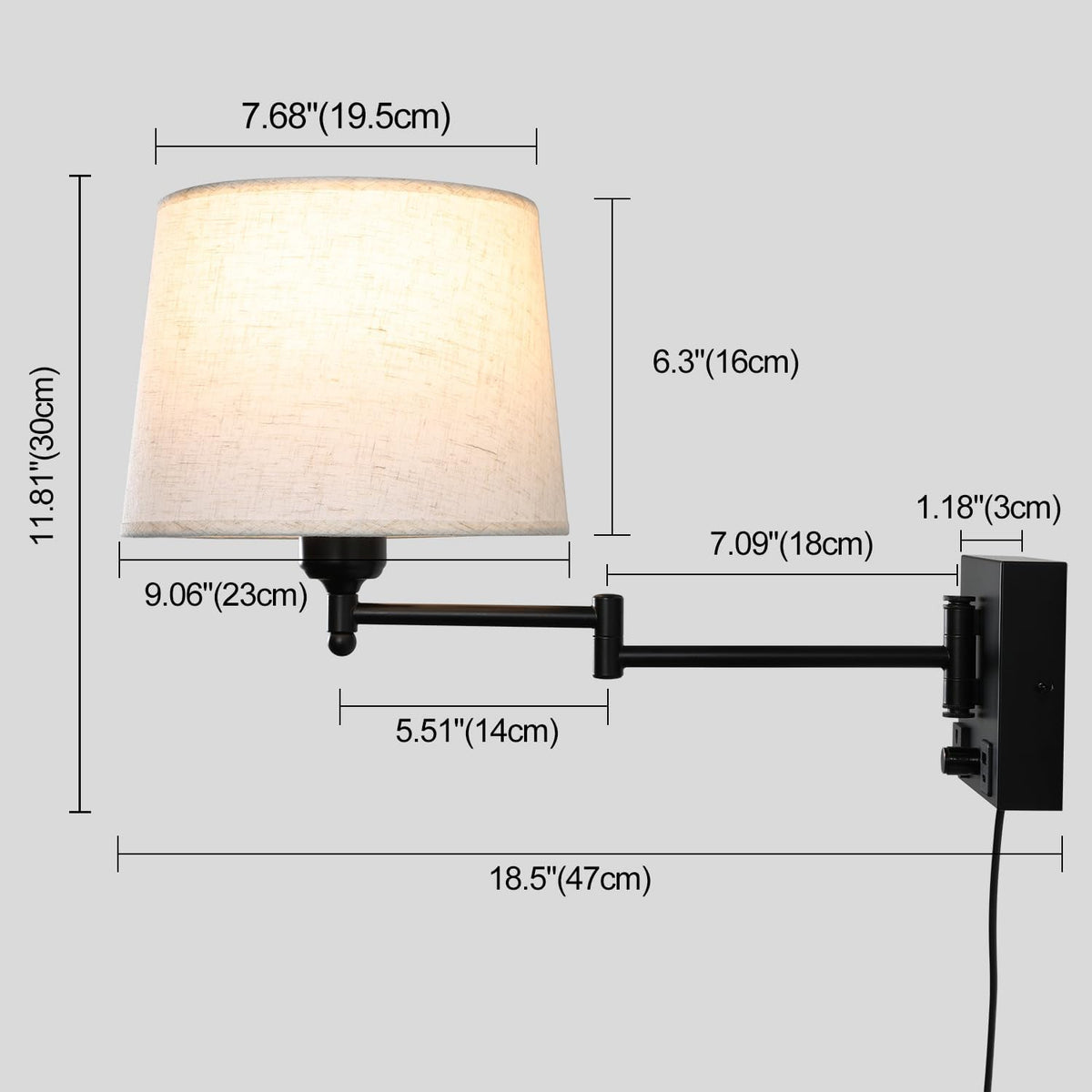 Swing Arm Wall Sconce with Linen Fabric Shade, USB-A & USB-C Charging Ports, Built-in AC Outlet & Rotary Dimmer
