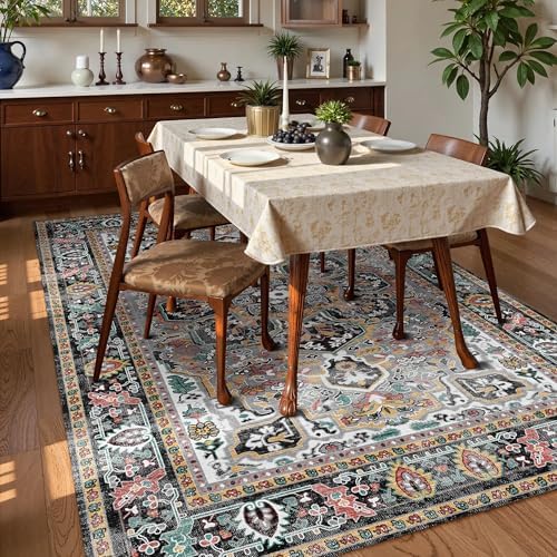 Washable Area Rug 9' x 12' Vintage Traditional Persian Mat - Foldable Distressed Non-Slip Machine Washable Carpet for