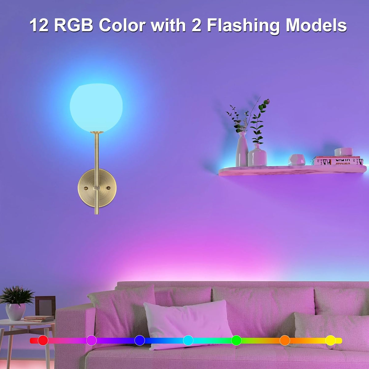 Brass Battery Operated Wall Sconces Set of 2, Rechargeable Wireless Wall Lights with Milky White Frosted Glass, 12 RGB